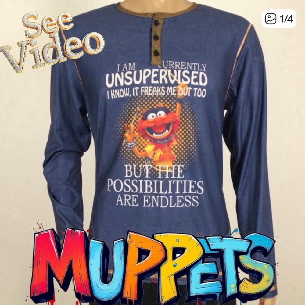 👛 (ANY 2/$25) Men’s Henley Tee Shirt, Muppet Theme, Medium